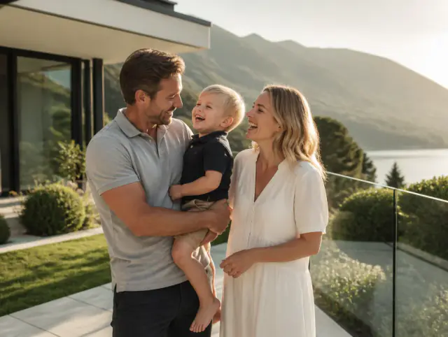 Glückliche Familie mit Kind lacht gemeinsam an einem Glasgeländer für Terrasse & Garten