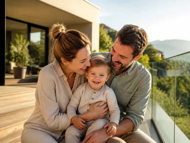 Glückliche Familie mit Kind lacht gemeinsam an einem Terrassengeländer aus Glas