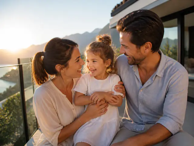 Terrassengeländer aus Kunststoff & WPC – glückliche Familie mit Kind Glückliche Familie mit Kind lacht gemeinsam an einem Terrassengeländer aus Kunststoff & WPC