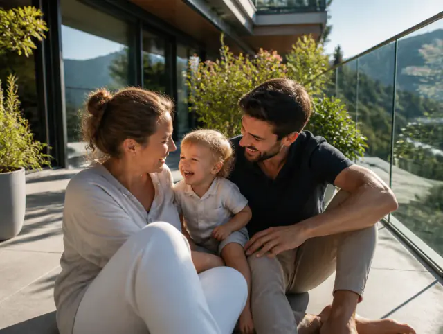 Glückliche Familie mit Kind lacht gemeinsam an einem Terrassengeländer Höhe & Vorschriften Schweiz