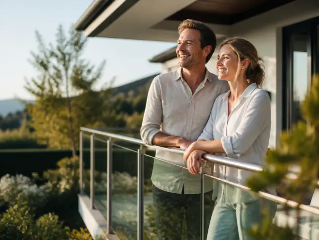 Terrassengeländer kaufen – Preise & Montage – zufriedene Hausbesitzer bewundern neues Geländer Zufriedene Bauherren freuen sich über ihr neues an einem Terrassengeländer kaufen – Preise & Montage