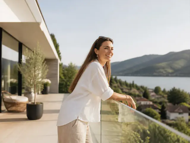Lächelnde Frau geniesst den Ausblick an einem Glasgeländer für Terrasse & Garten