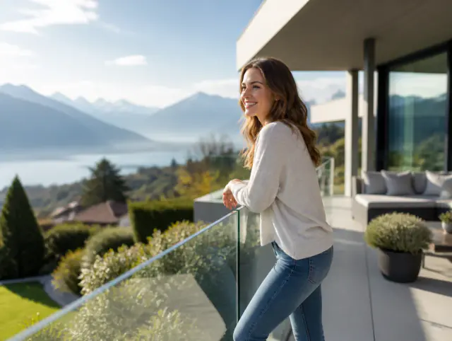 Lächelnde Frau geniesst den Ausblick an einem Terrassengeländer aus Glas