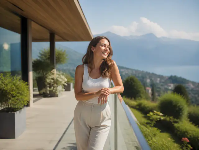 Terrassengeländer mit Sichtschutz – lächelnde Frau blickt zum Horizont Lächelnde Frau geniesst den Ausblick an einem Terrassengeländer mit Sichtschutz