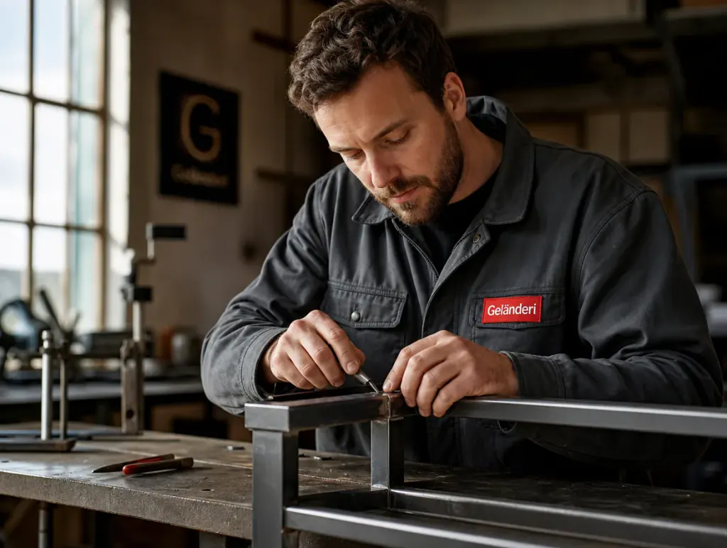 Metallbauer beim präzisen Entgraten und Ausrichten von Aluminium-Winkelprofilen