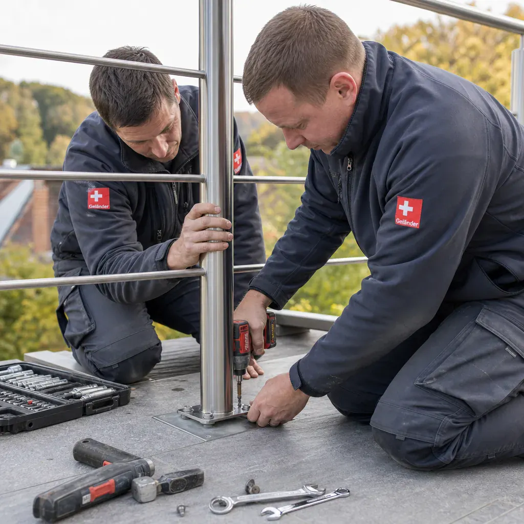 Edelstahlgeländer mit Glas – Montage durch das Geländeri Team Geländeri Monteure bei der Montage: Edelstahlgeländer mit Glas
