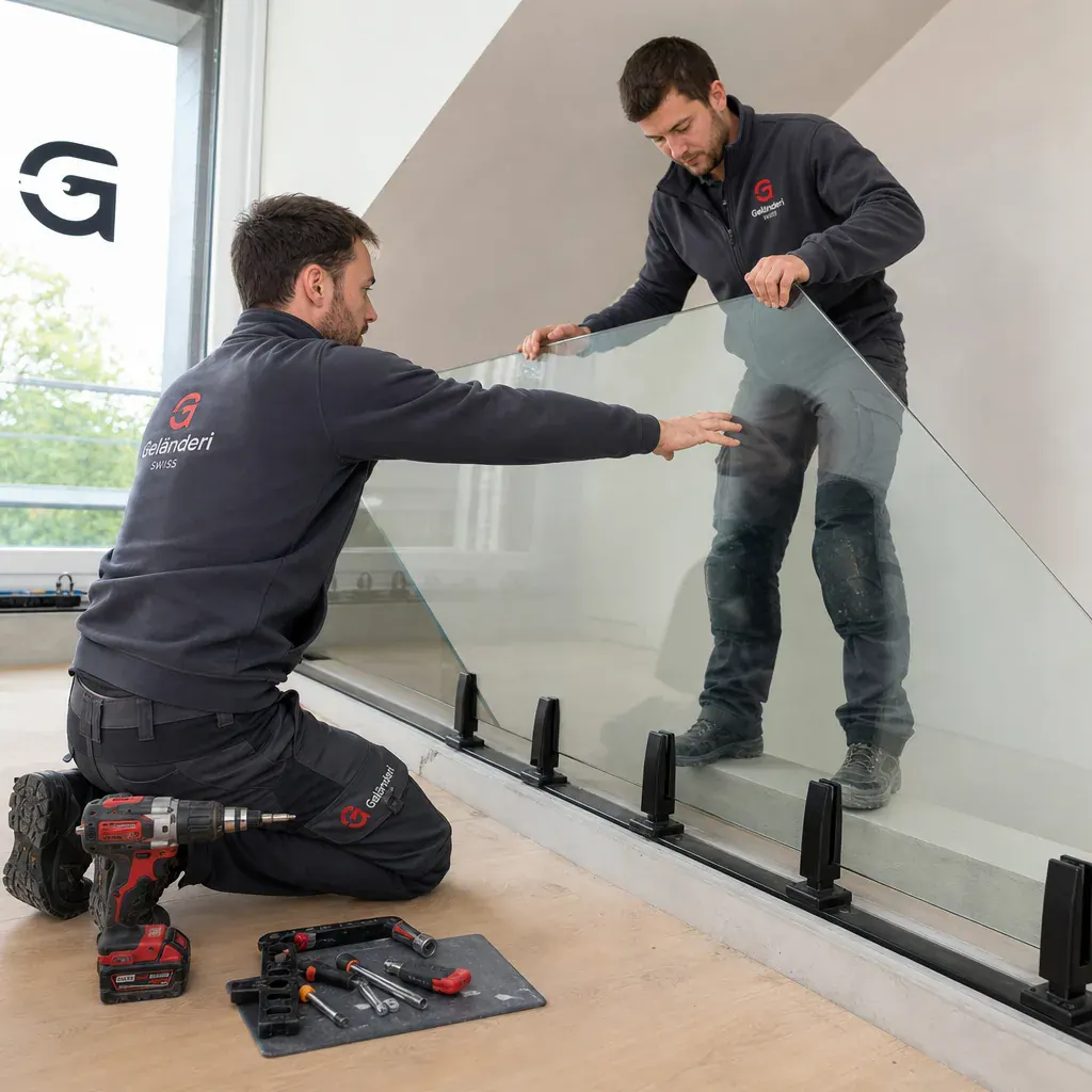 Glasgeländer aussen – Montage durch das Geländeri Team Geländeri Monteure bei der Montage: Glasgeländer aussen