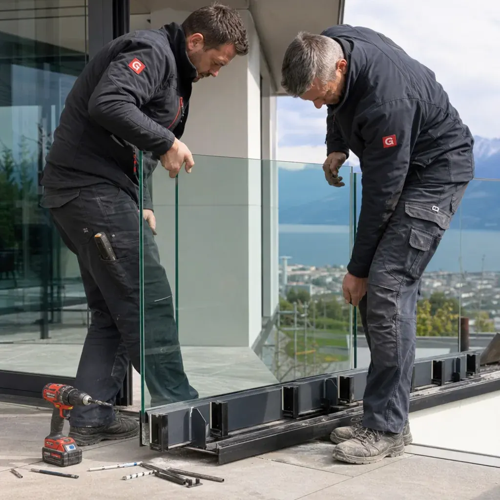 Glasgeländer für Terrasse & Garten – Montage durch das Geländeri Team Geländeri Monteure bei der Montage: Glasgeländer für Terrasse & Garten