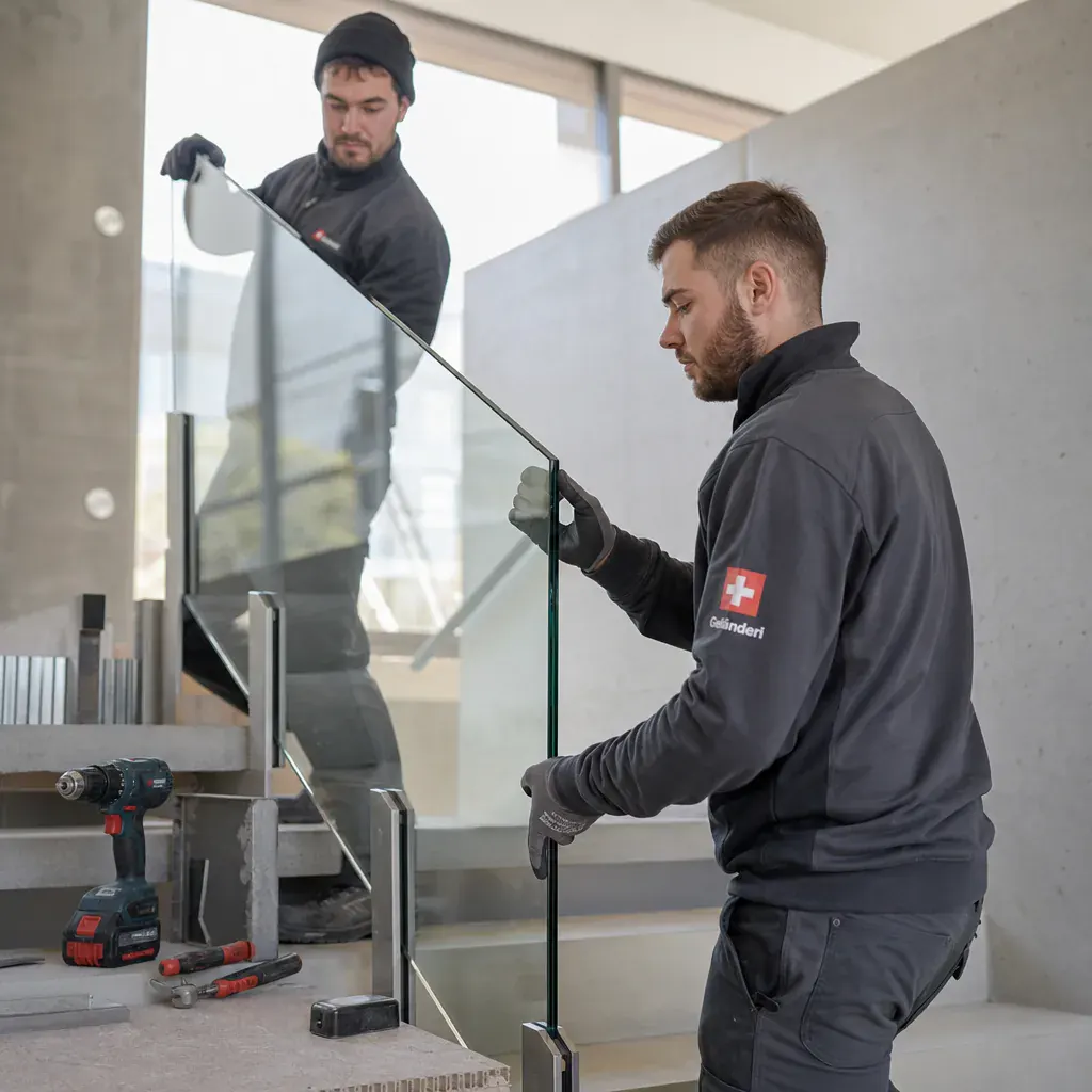 Glasgeländer innen – Montage durch das Geländeri Team Geländeri Monteure bei der Montage: Glasgeländer innen