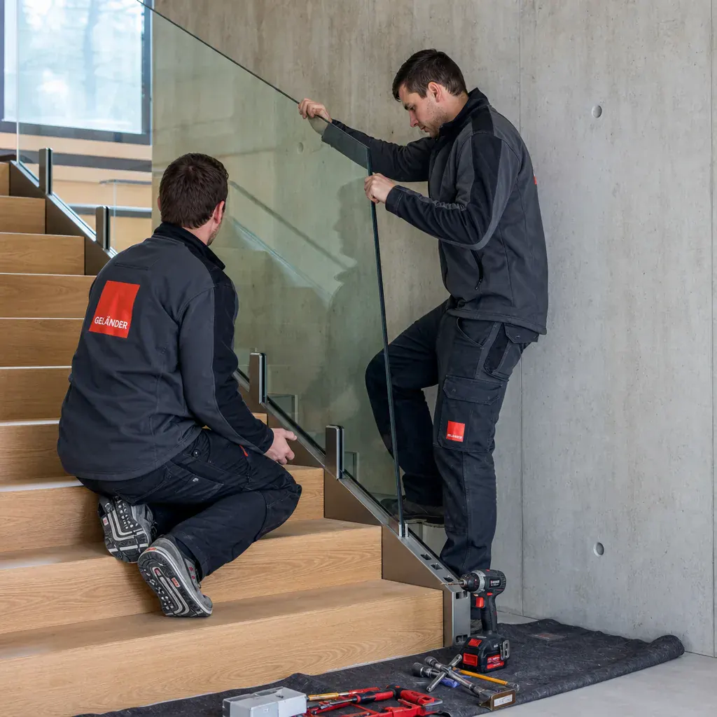 Glasgeländer mit Handlauf – Montage durch das Geländeri Team Geländeri Monteure bei der Montage: Glasgeländer mit Handlauf