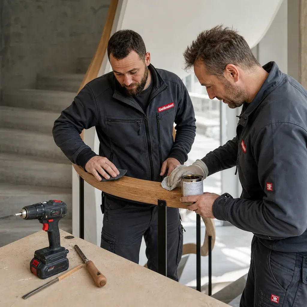 Geländeri Monteure bei der Montage: Handlauf aus Holz