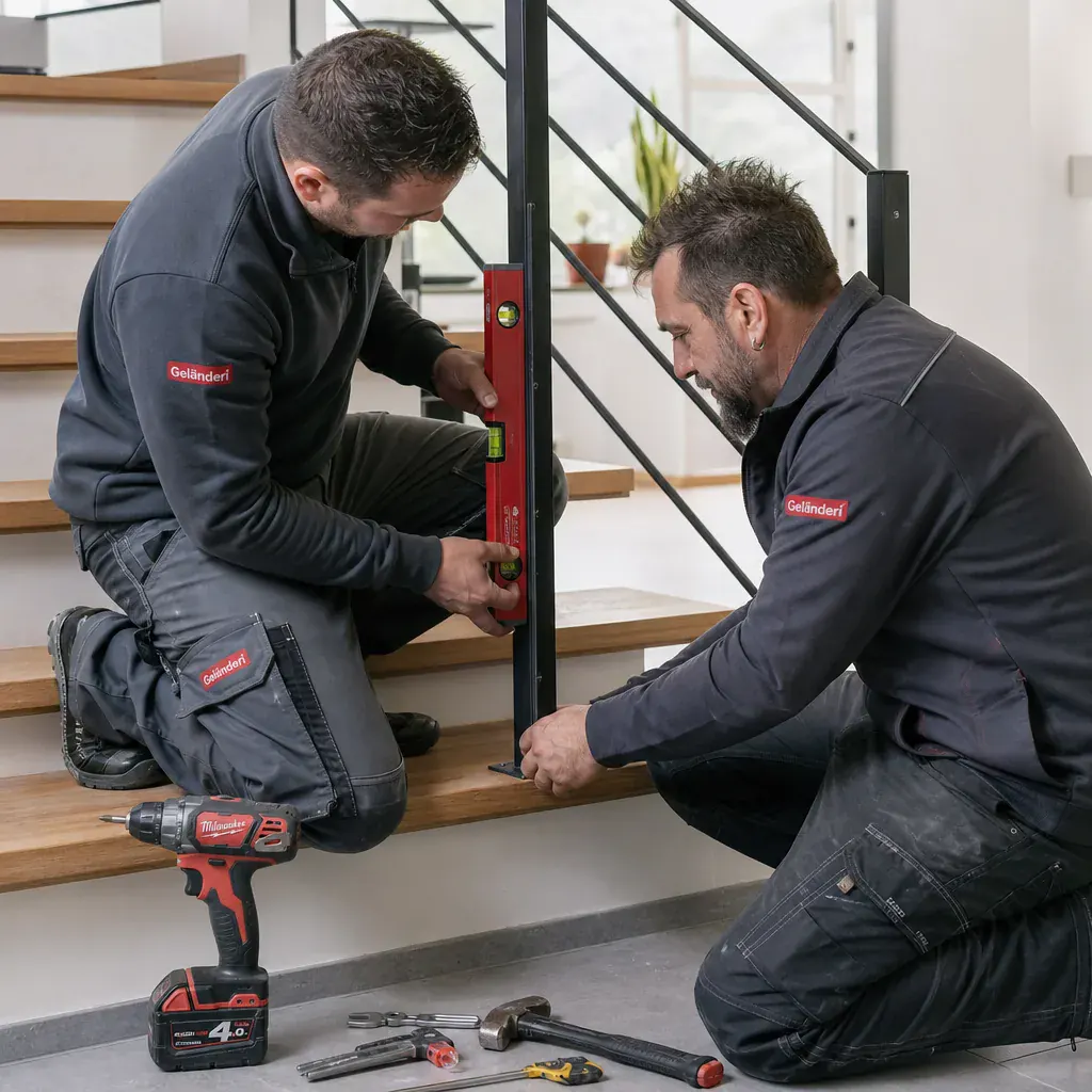 Geländeri Monteure bei der Montage: Handlaufhalter & Wandmontage