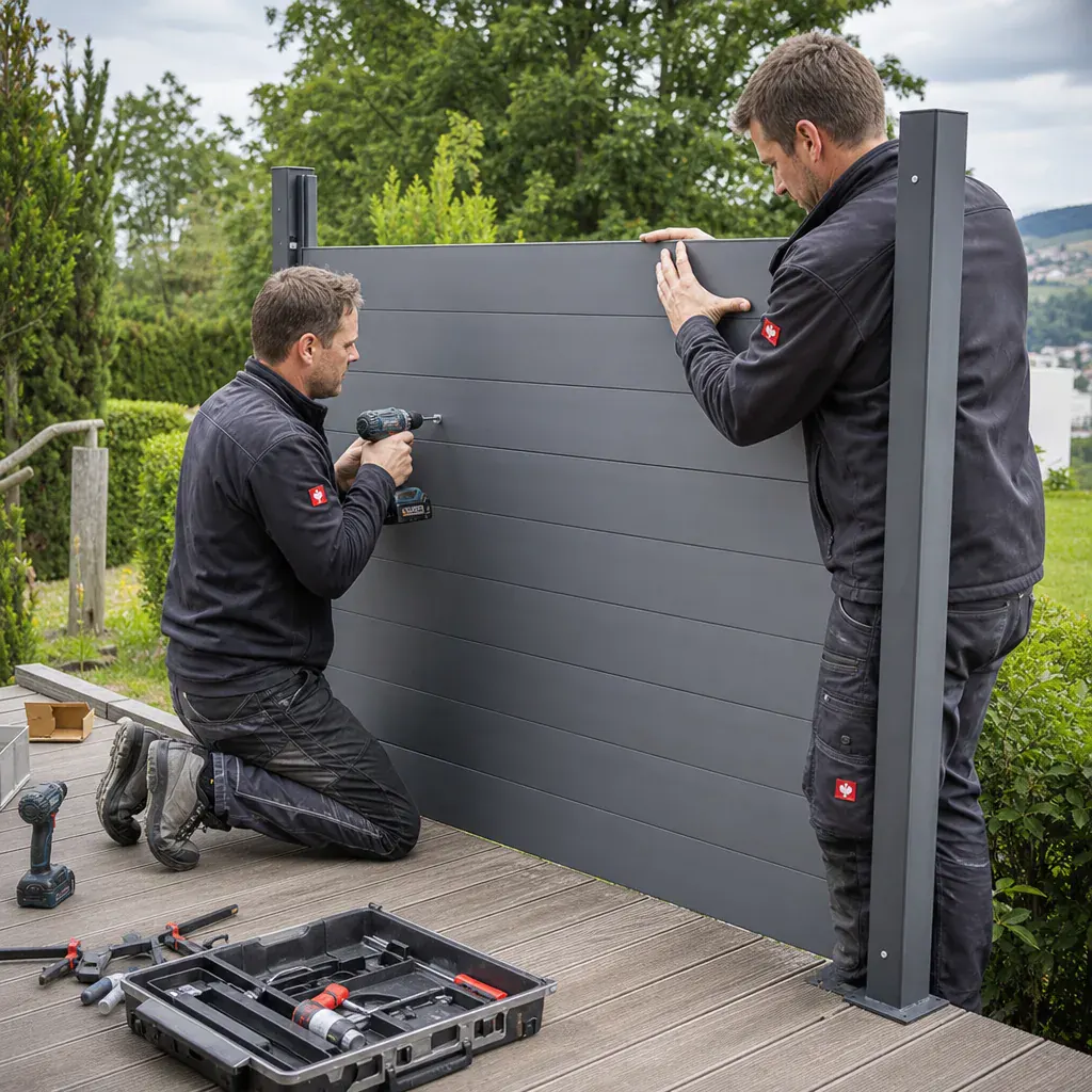 Terrassengeländer aus Kunststoff & WPC – Montage durch das Geländeri Team Geländeri Monteure bei der Montage: Terrassengeländer aus Kunststoff & WPC
