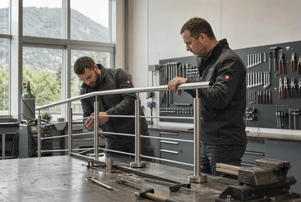 Metallbau-Team bei der präzisen Fertigung eines Edelstahlgeländers in der Werkstatt